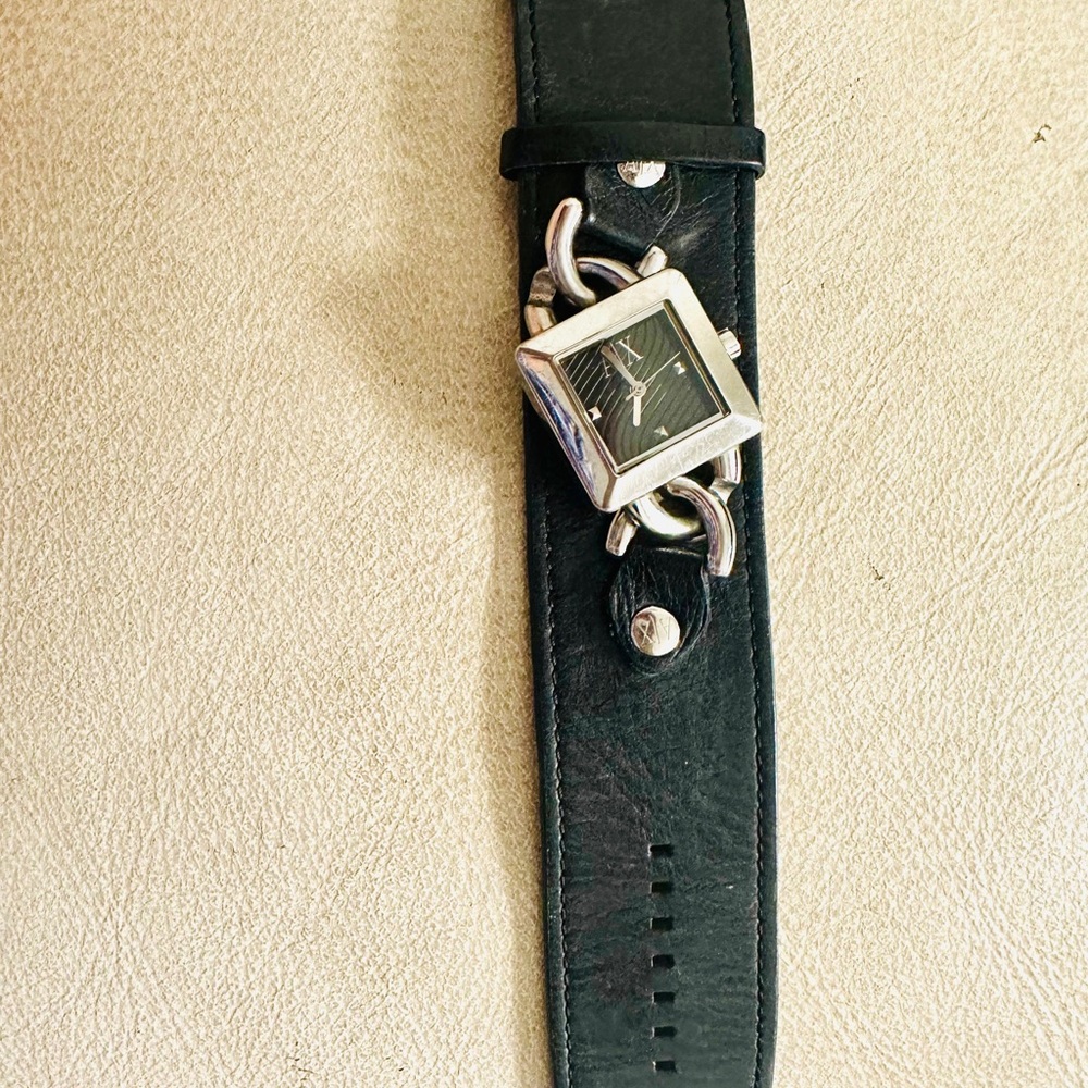Armani Exchange silver dial and black Leather Strap